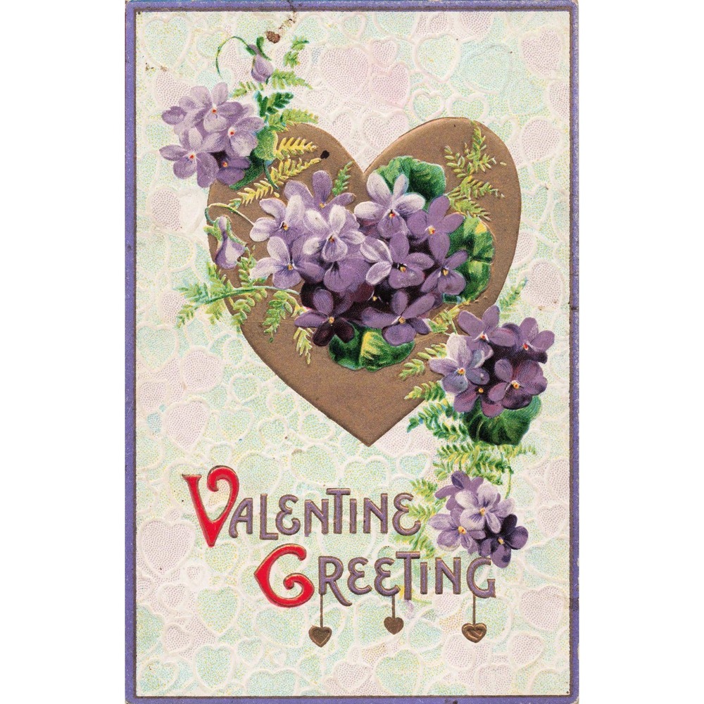 Valentine Greeting Postcard Embossed Gold Heart Purple Violets Saxony 1928